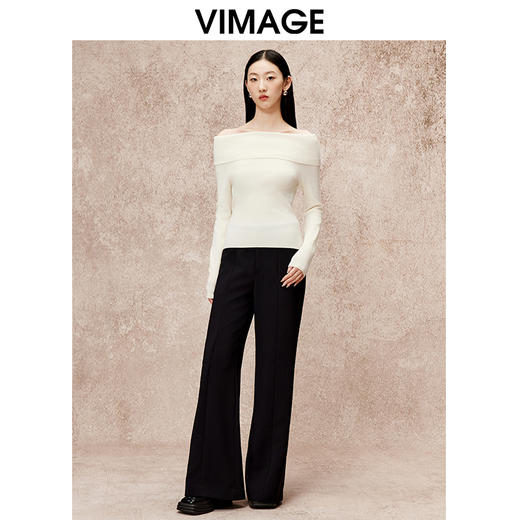 VIMAGE纬漫纪时尚性感露肩一字领修身长袖针织衫秋季新款V2201820 商品图1