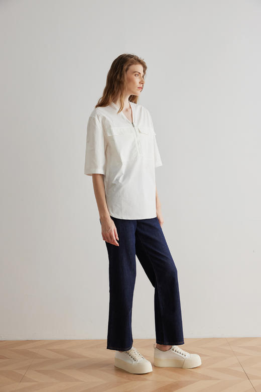 COCO ZONE 2023新款时尚中袖夏季拉链V领衬衫上衣 23C18313 商品图1