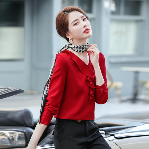 XZ-JE0595新款荷叶边红色衬衫女春洋气时尚雪纺V领长袖上衣大码衬衣 商品图0