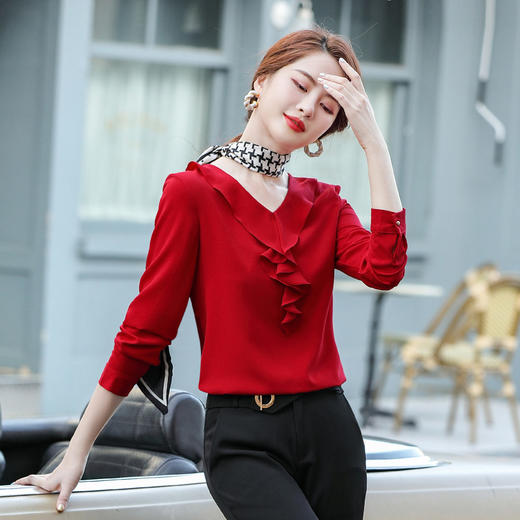 XZ-JE0595新款荷叶边红色衬衫女春洋气时尚雪纺V领长袖上衣大码衬衣 商品图1