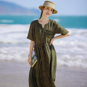 HM-S434春夏原创新款文艺亚麻印花连衣裙V领塔克褶口袋中袖系带高腰