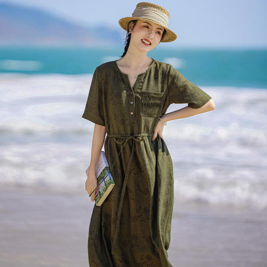 HM-S434春夏原创新款文艺亚麻印花连衣裙V领塔克褶口袋中袖系带高腰 商品图0