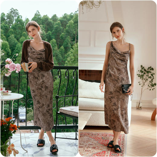 
OLrain欧芮儿法式吊带连衣裙女早秋气质高级感印花显瘦收腰长裙子 商品图4