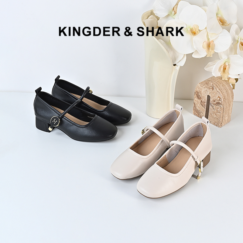 经典鲨2024年秋新款纯色百搭圆头中粗跟通勤浅口舒适单鞋女KW163-D37091