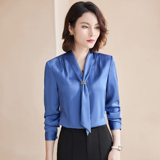 XZ-XZ-YZH6566飘带白色衬衫女秋季薄款醋酸缎面上衣职业装气质雪纺长袖白衬衣秋 商品图2