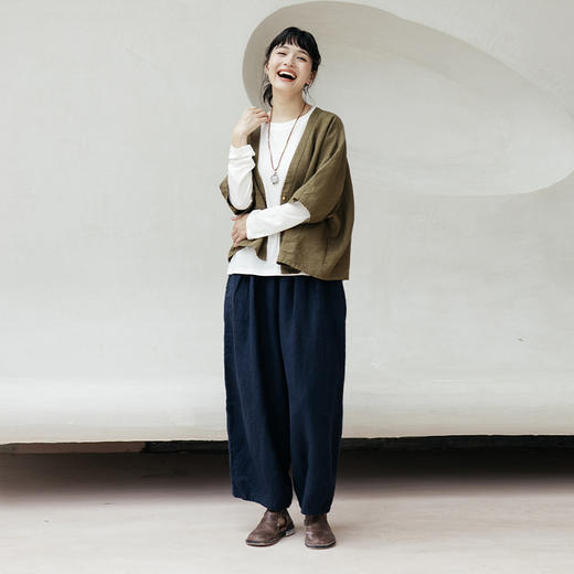 绽放旅行女装128朵/天然亚麻宽松休闲裤全腰松紧文艺透气九分裤 商品图3