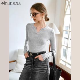 
OLrain欧芮儿法式花灰色圆V领T恤女早秋2024新款简约长袖针织上衣