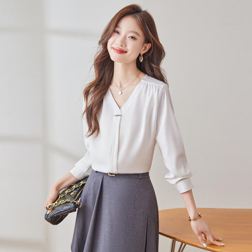 Q157新款长袖通勤气质衬衣白色洋气时尚百搭小众设计感宽松衬衫 商品图4