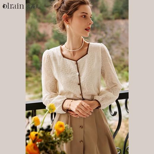 
OLrain法式方领雪纺衫女秋季高级感气质蕾丝衫泡泡袖显瘦减龄上衣 商品图0