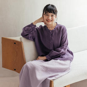 绽放旅行女装581朵/优质天丝苎麻圆领长袖衬衫垂顺皱纹处理小开衫