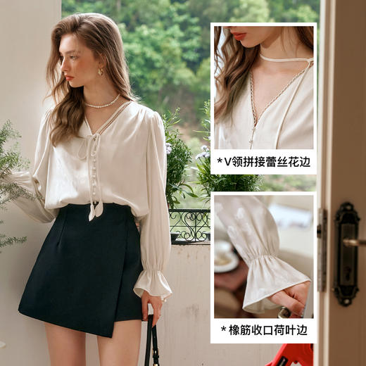 
OLrain欧芮儿法式奶油杏雪纺衫女早秋提花设计感通勤百搭V领衬衫 商品图3