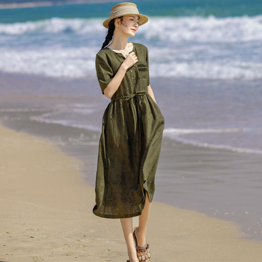 HM-S434春夏原创新款文艺亚麻印花连衣裙V领塔克褶口袋中袖系带高腰 商品图3