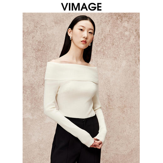VIMAGE纬漫纪时尚性感露肩一字领修身长袖针织衫秋季新款V2201820 商品图2