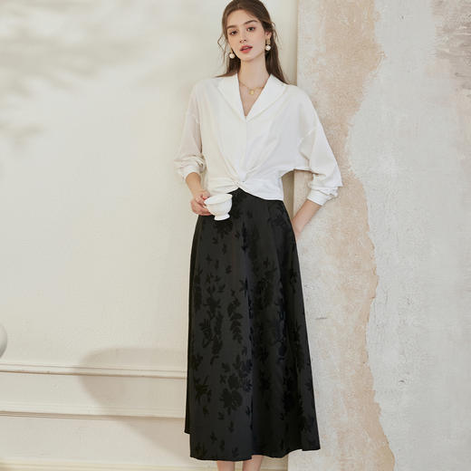 罗衣新中式中国风提花半身裙2024秋季新款高腰黑色大摆长裙10039 商品图2