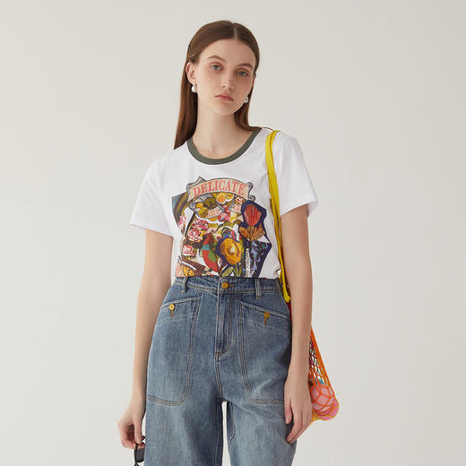 谜底T恤短袖女2024夏季新款圆领复古特色印花修身上衣246MT7047 商品图0