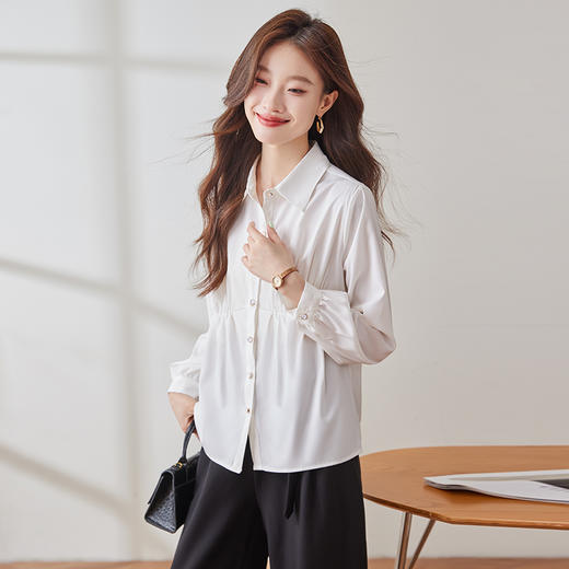 Q191新款长袖春秋气质衬衣白色时尚小众通勤设计感法式翻领衬衫 商品图1