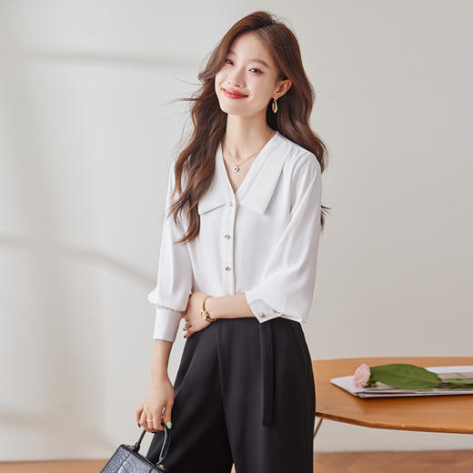 Q180新款长袖气质衬衣白色洋气时尚春秋小众设计感宽松百搭衬衫 商品图3