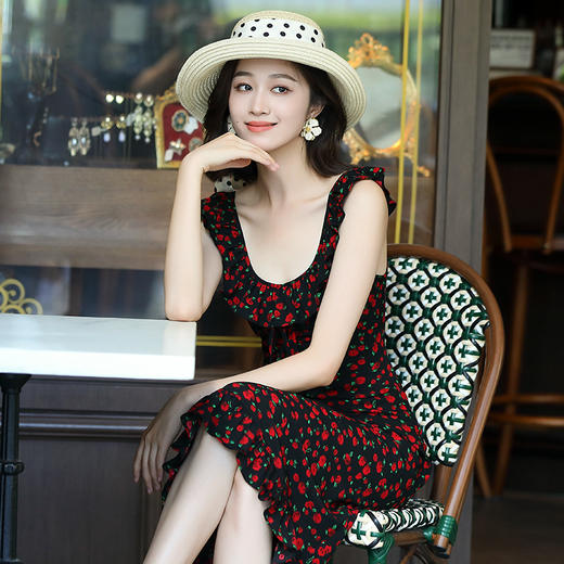 OY-24508夏季新款碎花无袖连衣裙优雅红色显瘦修身吊带鱼尾裙24508 商品图3
