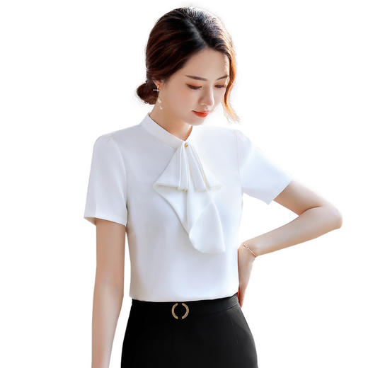 XZ-9612白色衬衫女时尚洋气夏季韩版收腰百搭荷叶边职业短袖衬衣 商品图3