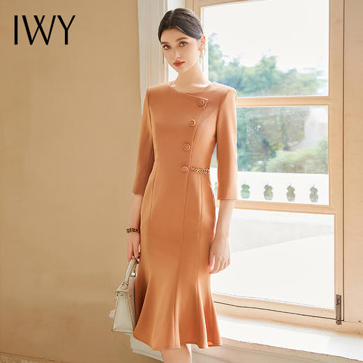 IWY/橘红色七分袖时尚高端圆领连衣裙女收腰显瘦包臀鱼尾裙职业裙Q1180 商品图0