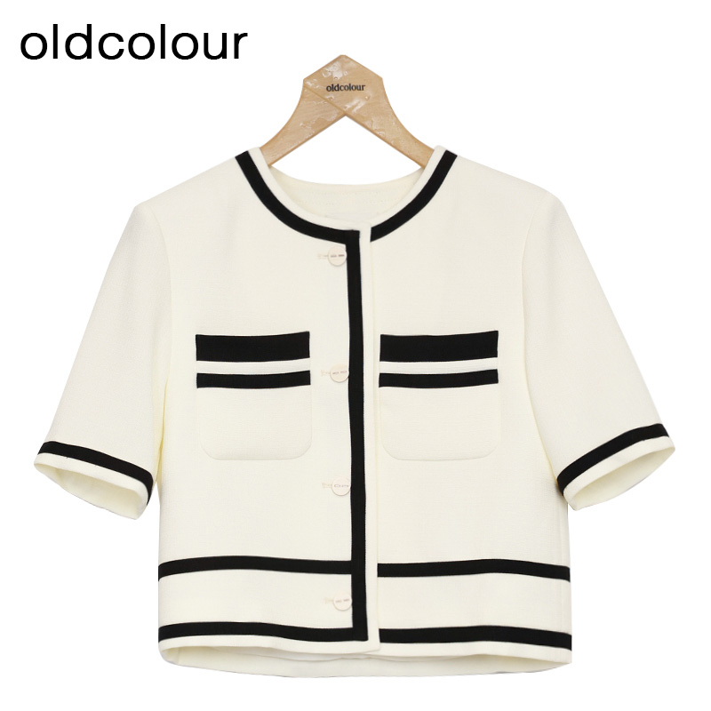 oldcolour短款外套2023春季新款撞色圆领直筒短袖上衣女P13041335