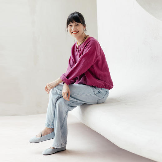 绽放旅行女装589朵/干洗亚麻圆领半开襟九分袖衬衫下摆收口小衫 商品图1