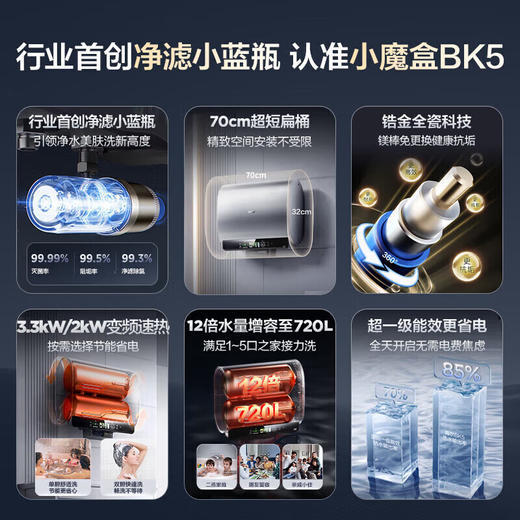 【以旧换新】海尔（Haier）60升【小魔盒BK5】小蓝瓶净水洗超薄扁桶双胆家用电热水器3300W变频速热EC6003HD-BK5KAU1 商品图1