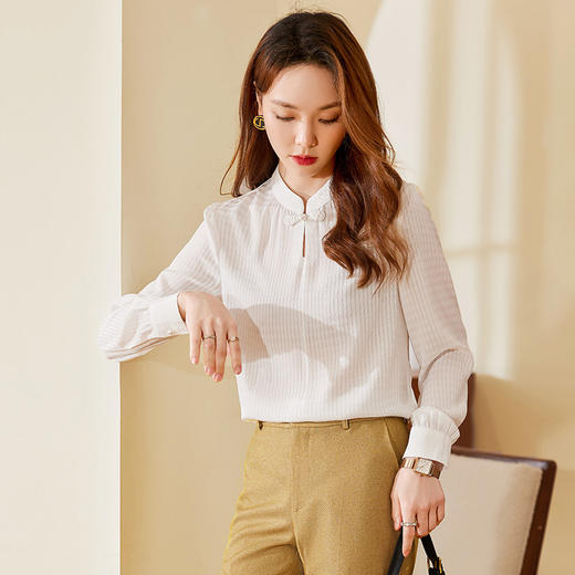XZ-XXN22651中国风休闲显瘦复古长袖衬衫秋季时尚百搭立领盘扣雪纺衬 商品图2