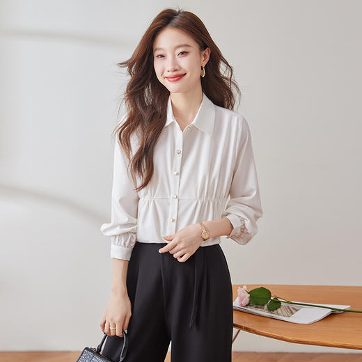 Q191新款长袖春秋气质衬衣白色时尚小众通勤设计感法式翻领衬衫 商品图0