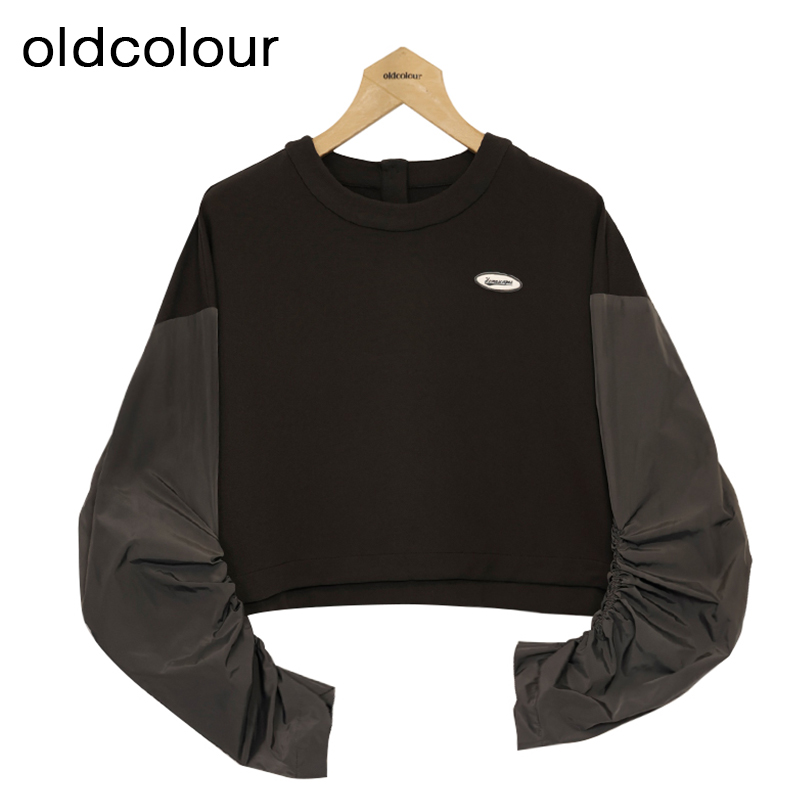 oldcolour纯色T恤春季新款设计感圆领长袖短款上衣女P12023234