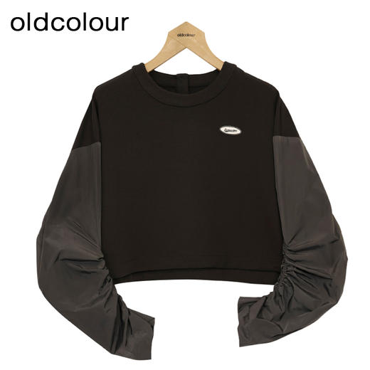 oldcolour纯色T恤春季新款设计感圆领长袖短款上衣女P12023234 商品图0