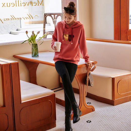 欧芮儿法式连帽卫衣女2024秋季新款宽松休闲设计感潮ins红色上衣 商品图2