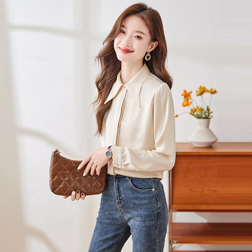 Q172新款长袖衬衫白色女士春秋法式修身通勤休闲百搭衬衣 商品图1