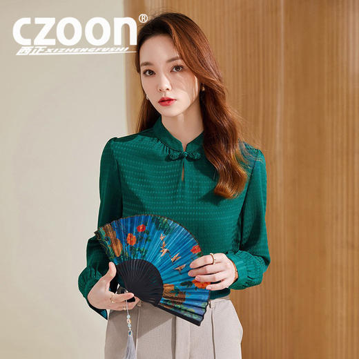 XZ-XXN22651中国风休闲显瘦复古长袖衬衫秋季时尚百搭立领盘扣雪纺衬 商品图0