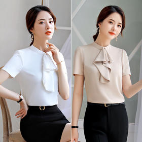 XZ-9612白色衬衫女时尚洋气夏季韩版收腰百搭荷叶边职业短袖衬衣