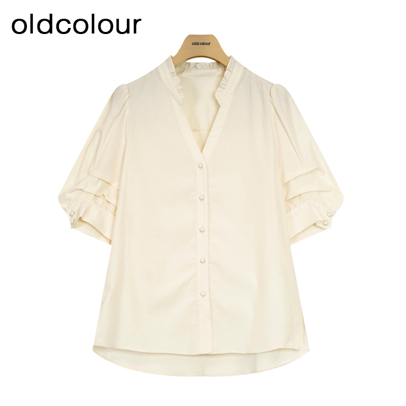 oldcolour夏季新款简约通勤宽松薄款时尚风V领衬衫女P25011552