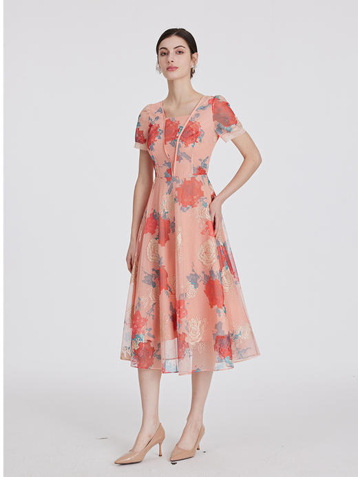 司歌网纱刺绣印花连衣裙古典优雅短袖显瘦 商品图2