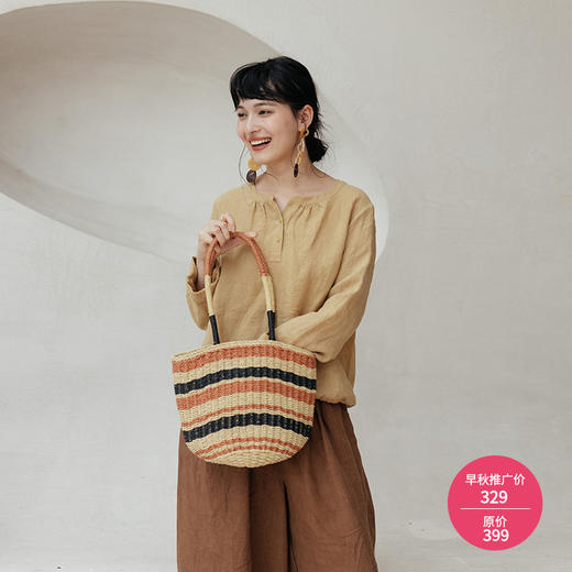 绽放旅行女装589朵/干洗亚麻圆领半开襟九分袖衬衫下摆收口小衫 商品图0