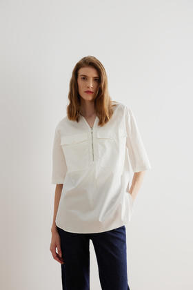 COCO ZONE 2023新款时尚中袖夏季拉链V领衬衫上衣 23C18313