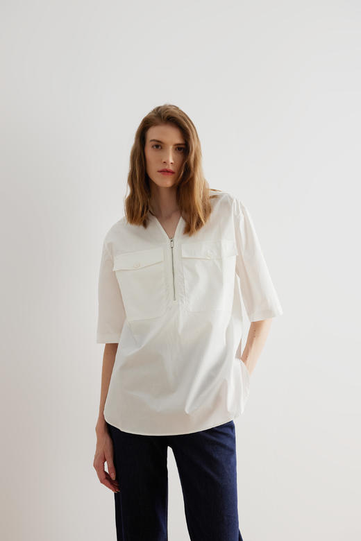 COCO ZONE 2023新款时尚中袖夏季拉链V领衬衫上衣 23C18313 商品图0