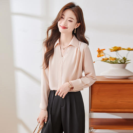 Q2016新款长袖春秋气质衬衣白色时尚女士小众设计感纯色洋气衬衫 商品图0