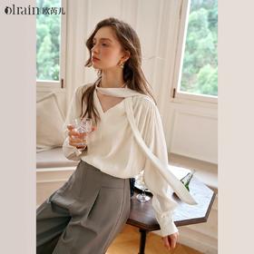 
OLrain欧芮儿杏色长袖衬衫女早秋2024年新款法式V领系带衬衣上衣