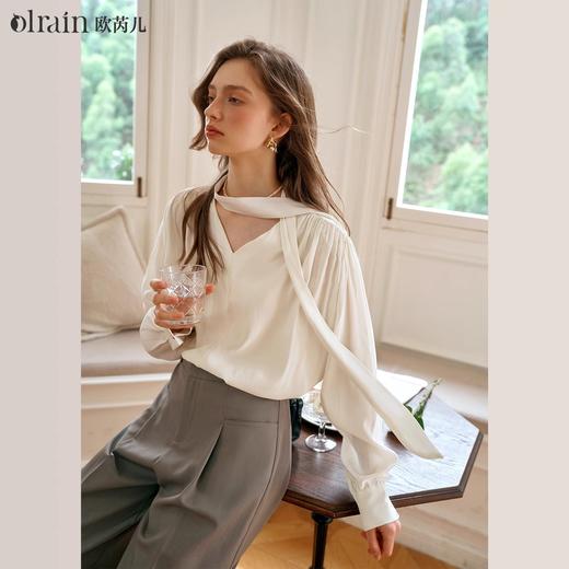 
OLrain欧芮儿杏色长袖衬衫女早秋2024年新款法式V领系带衬衣上衣 商品图0