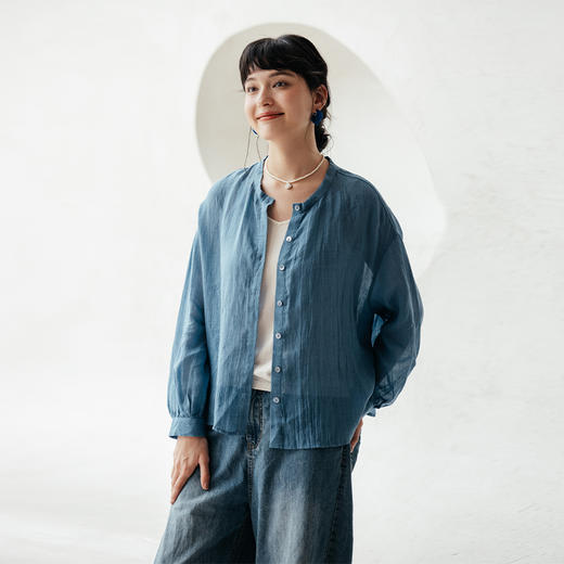 绽放旅行女装581朵/优质天丝苎麻圆领长袖衬衫垂顺皱纹处理小开衫 商品图1