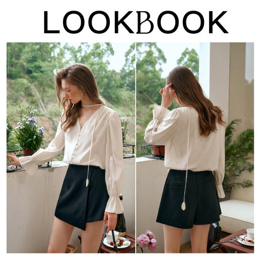 
OLrain欧芮儿法式奶油杏雪纺衫女早秋提花设计感通勤百搭V领衬衫 商品图4