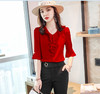 XZ-JE0595新款荷叶边红色衬衫女春洋气时尚雪纺V领长袖上衣大码衬衣 商品缩略图2