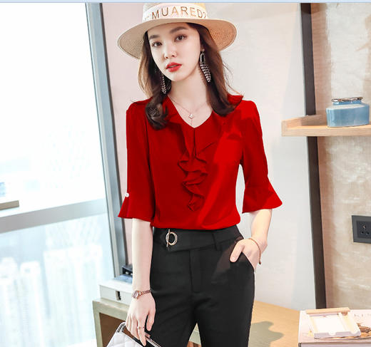 XZ-JE0595新款荷叶边红色衬衫女春洋气时尚雪纺V领长袖上衣大码衬衣 商品图2