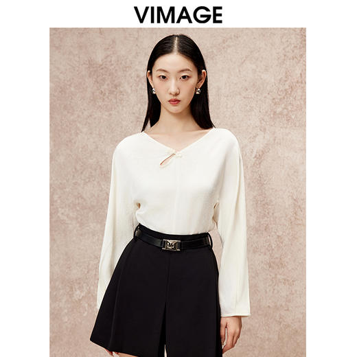 VIMAGE纬漫纪气质新中式盘扣显瘦暗纹衬衫上衣秋新款V2213815 商品图3