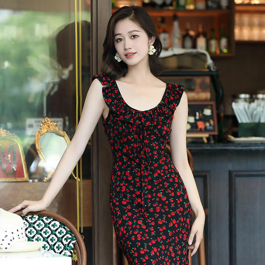 OY-24508夏季新款碎花无袖连衣裙优雅红色显瘦修身吊带鱼尾裙24508 商品图1