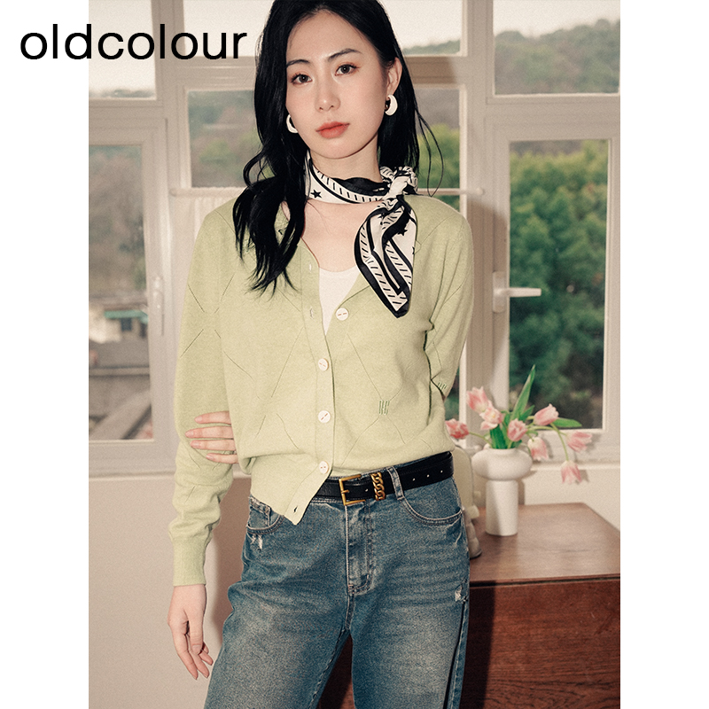 oldcolour纯色针织开衫2023春季气质通勤薄款短款外套女P11053154